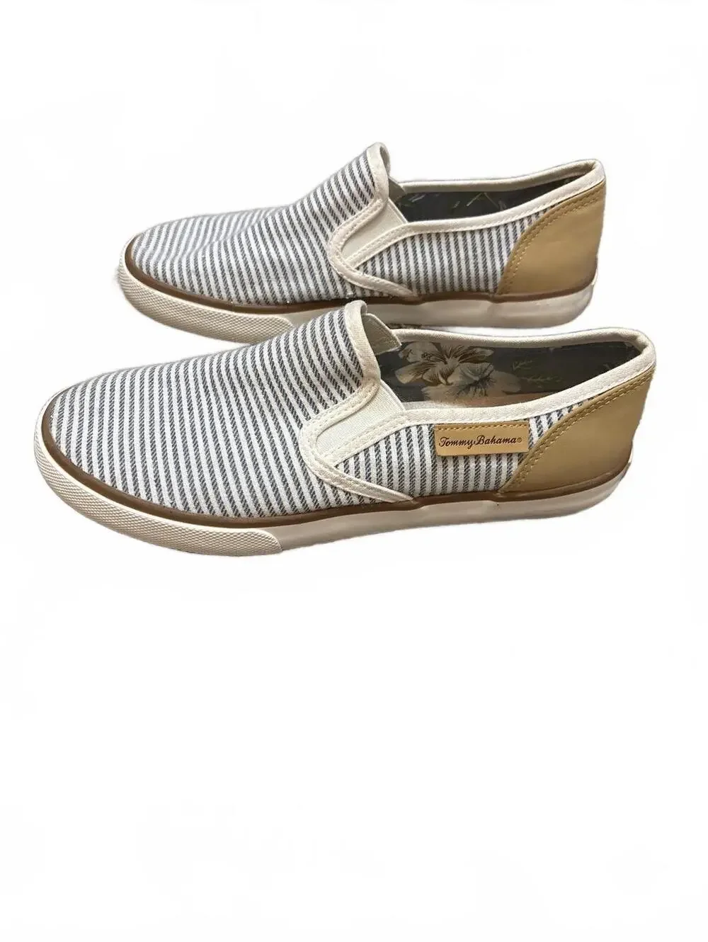 Tommy Bahama Saylor Gray White Striped Canvas Slip On Boat Shoes Womens 8